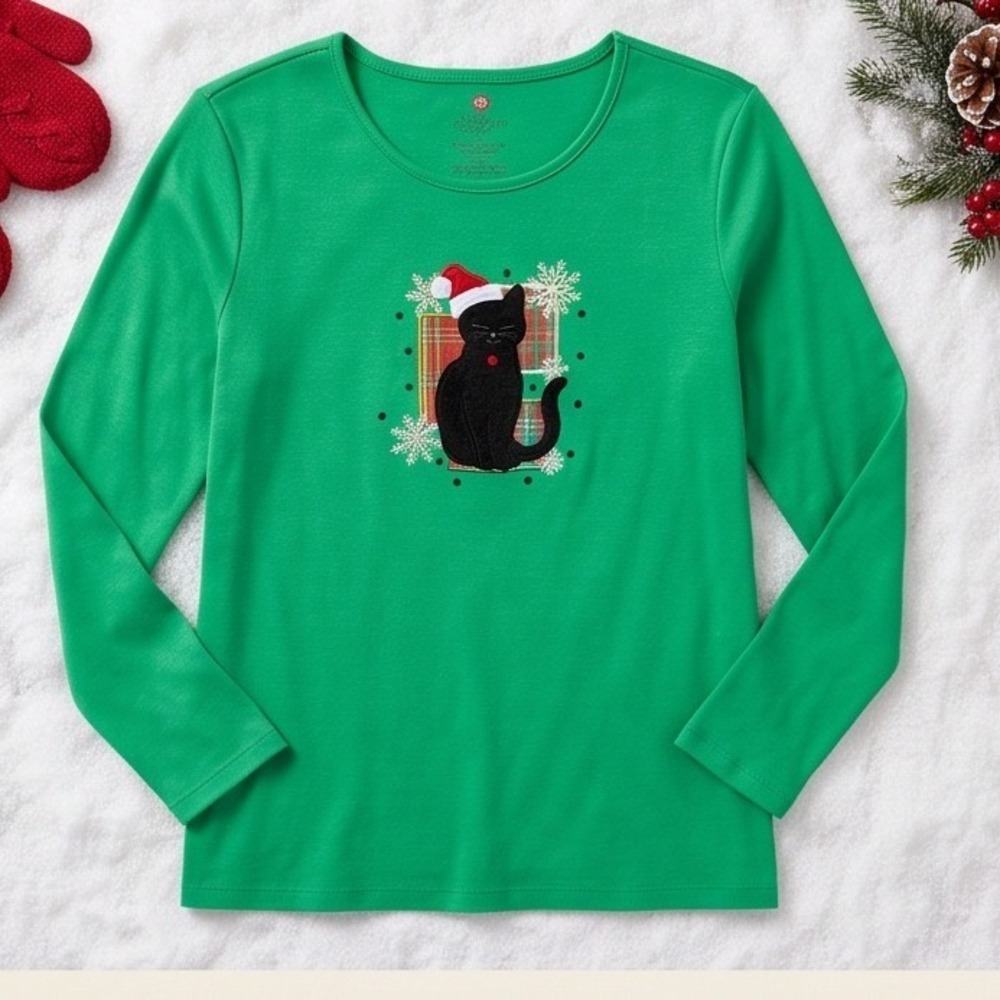 Mercer Street Studio L Vintage Christmas Cat Green Long Sleeve Shirt Large